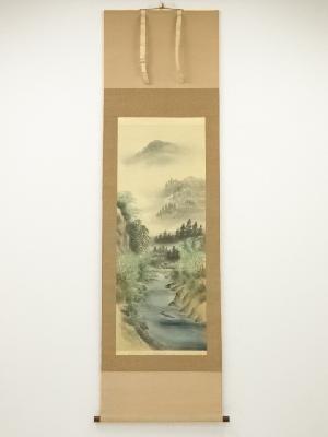 相馬高嶺筆　彩色山水　肉筆絹本掛軸